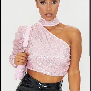 Pink sequin one shoulder crop top